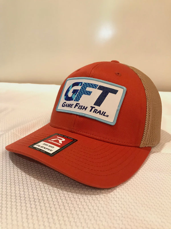 R-Flex Fish - Logo Dark - Khaki Trucker hat Game – Orange / GFT Richardson Trail